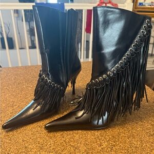 Jeffrey Campbell Black Fringe Heeled Boots